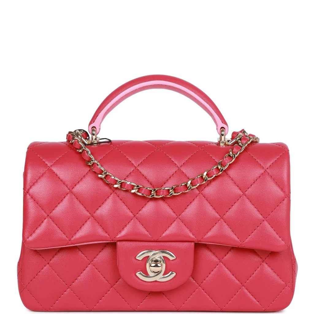 Chanel Mini Rectangular Flap with Top Handle Pink Lambskin Light Gold Hardware - Image 6