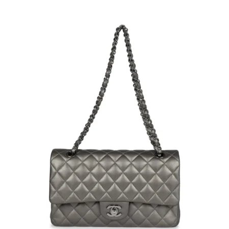 Chanel Medium Classic Double Flap Bag Metallic Grey Lambskin Silver Hardware