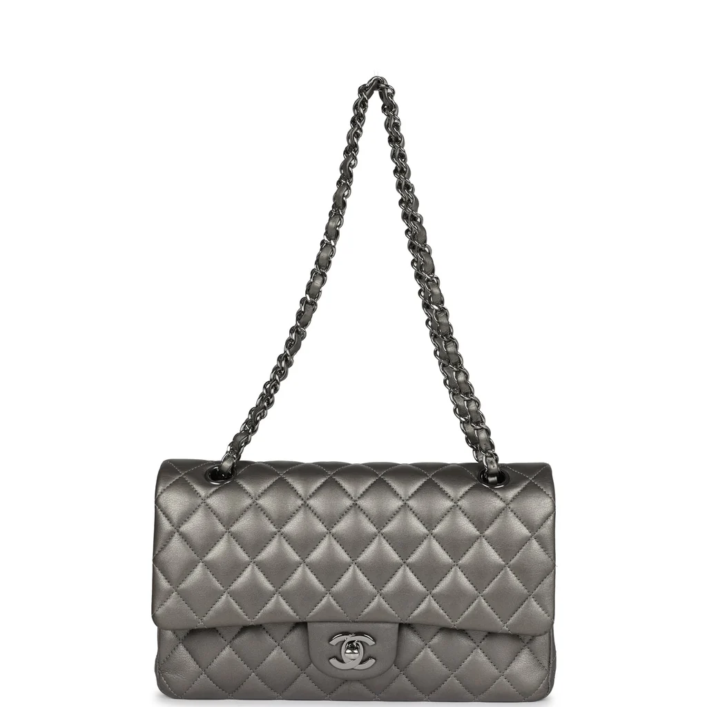 Chanel Medium Classic Double Flap Bag Metallic Grey Lambskin Silver Hardware