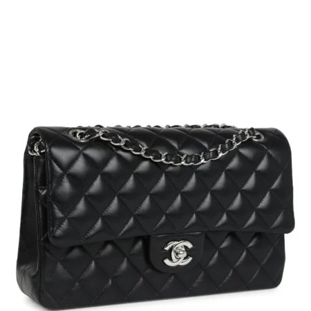 Chanel Medium Classic Double Flap Bag Black Lambskin Silver Hardware