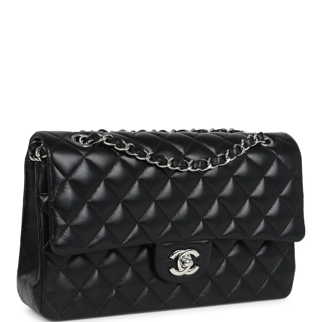 Chanel Medium Classic Double Flap Bag Black Lambskin Silver Hardware