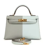 Hermès Special Order (HSS) Kelly Sellier 20 Casaque Bleu Brume and Bleu Glacier Epsom Brushed Gold Hardware