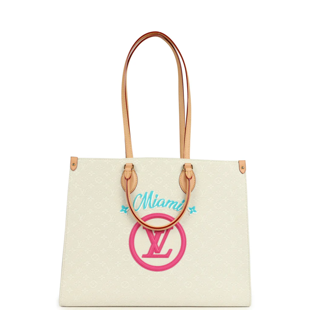 Louis Vuitton On The Go Miami GM Tote Light Beige Multi Jacquard Monogram Gold Hardware - Image 9