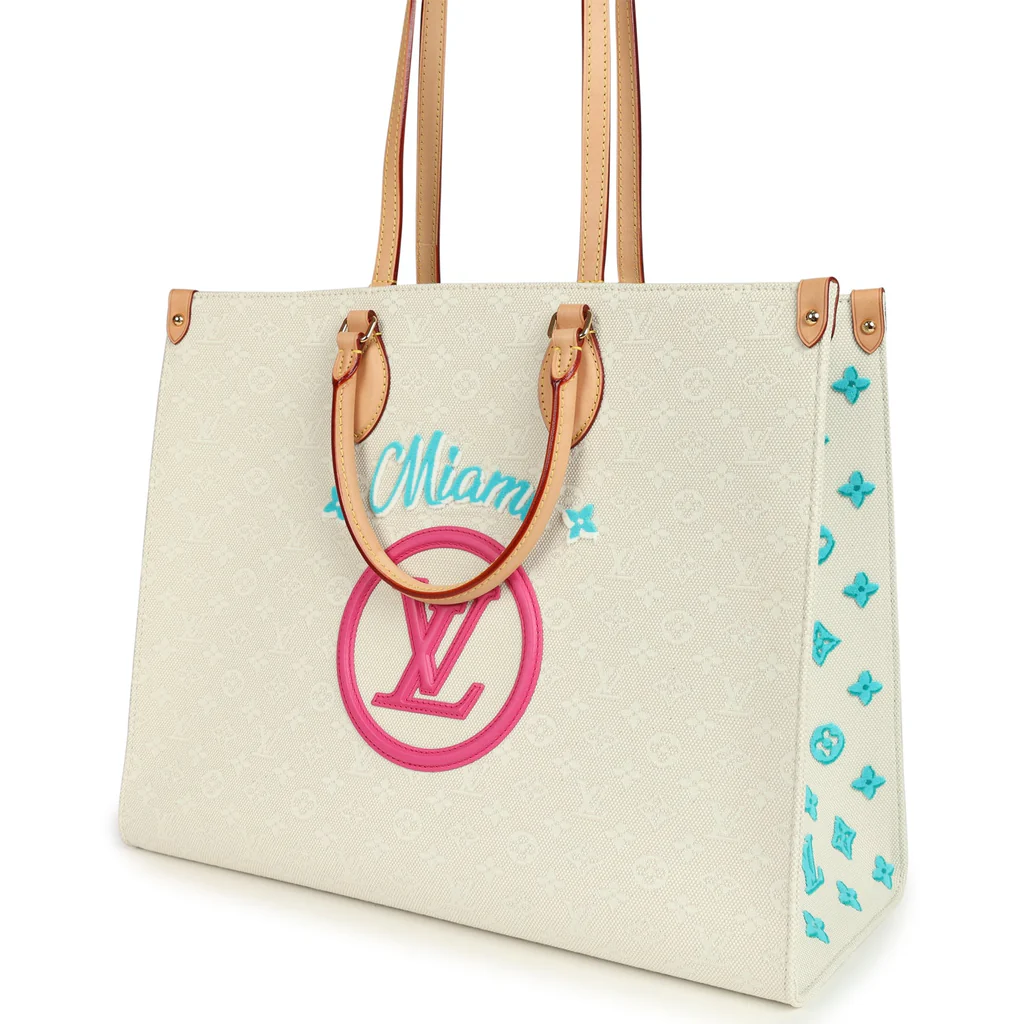 Louis Vuitton On The Go Miami GM Tote Light Beige Multi Jacquard Monogram Gold Hardware - Image 5