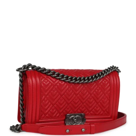 Chanel Old Medium Boy Bag Red Lambskin Aged Ruthenium Hardware