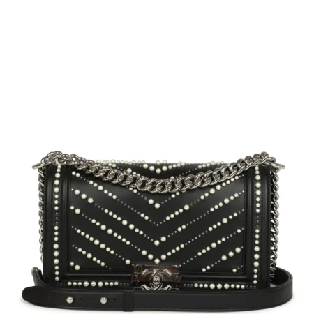 Chanel Medium Boy Bag Black Pearl Chevron Calfskin Silver Hardware