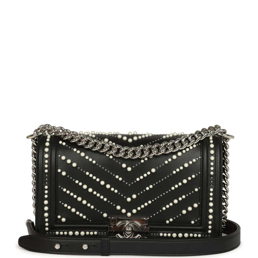 Chanel Medium Boy Bag Black Pearl Chevron Calfskin Silver Hardware
