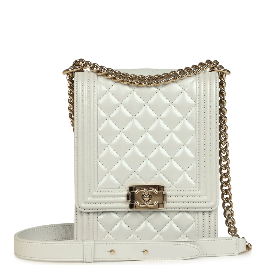 Chanel North South Boy Bag Light Grey Iridescent Calfskin Light Gold Hardware - Image 3