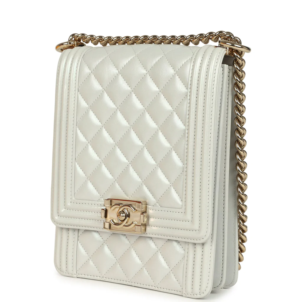 Chanel North South Boy Bag Light Grey Iridescent Calfskin Light Gold Hardware