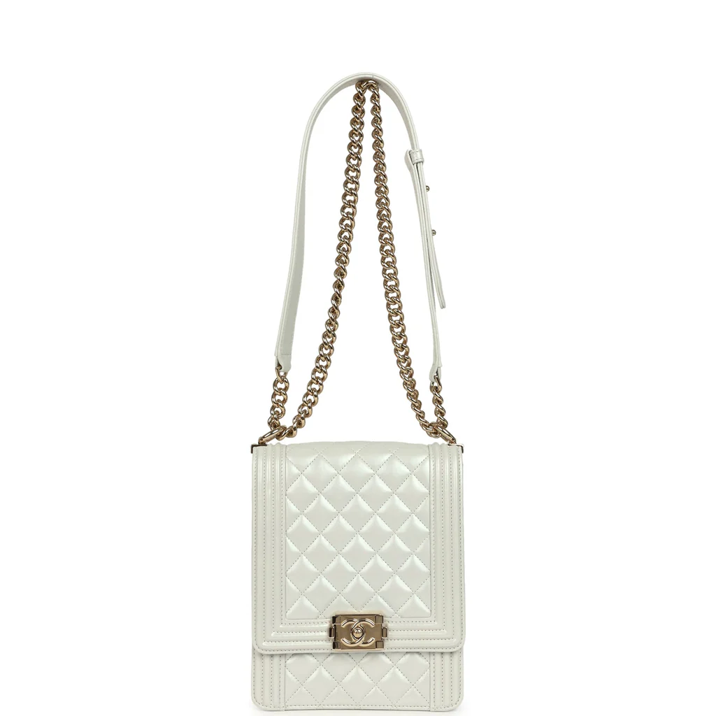 Chanel North South Boy Bag Light Grey Iridescent Calfskin Light Gold Hardware - Image 9