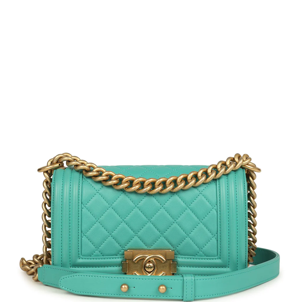 Chanel Small Boy Bag Turquoise Lambskin Antique Gold Hardware - Image 7