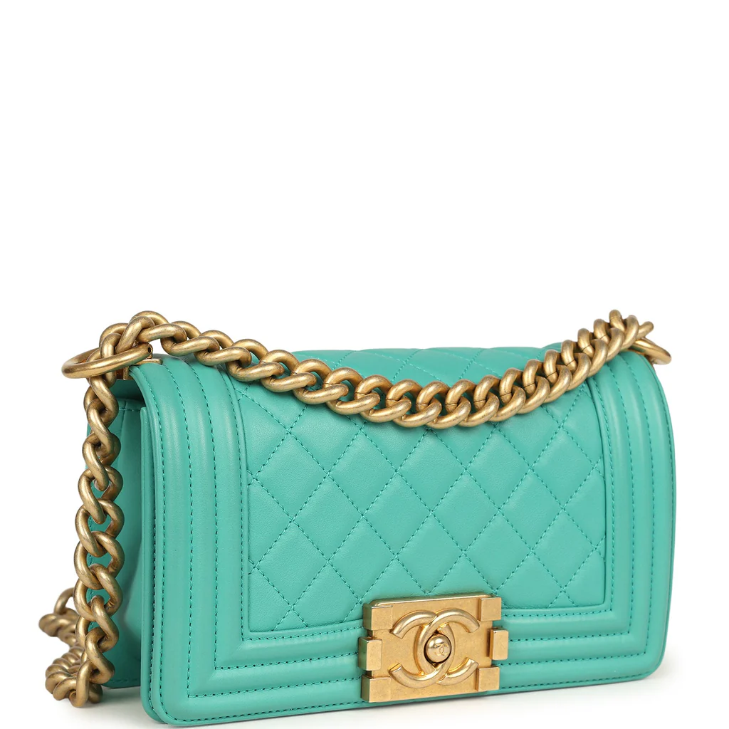 Chanel Small Boy Bag Turquoise Lambskin Antique Gold Hardware - Image 8