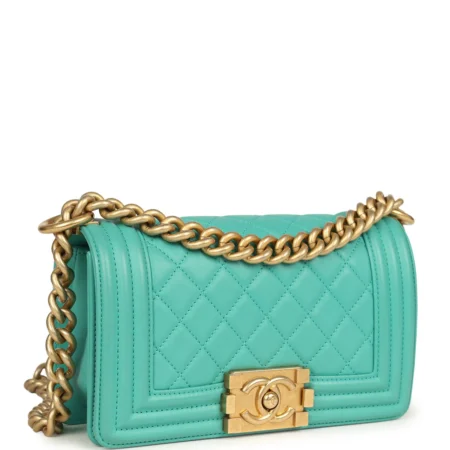 Chanel Small Boy Bag Turquoise Lambskin Antique Gold Hardware
