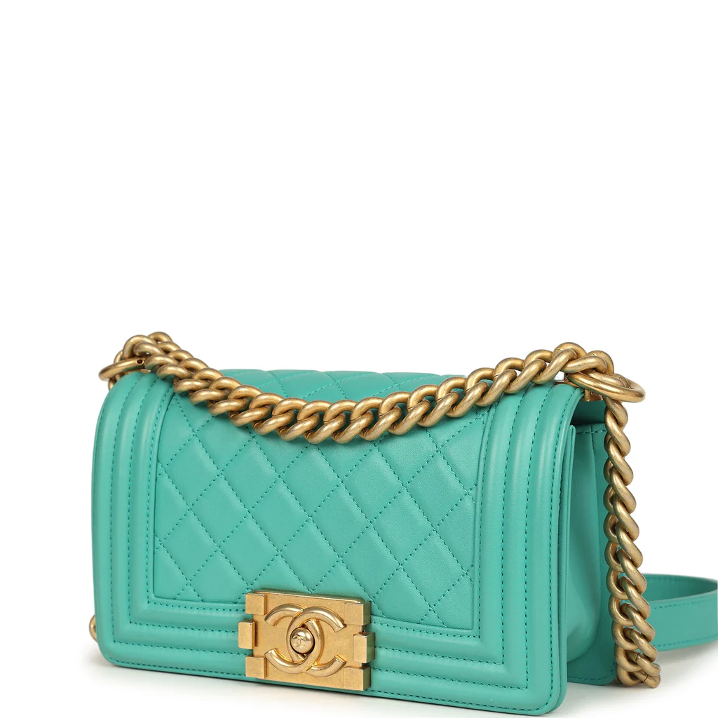 Chanel Small Boy Bag Turquoise Lambskin Antique Gold Hardware - Image 9