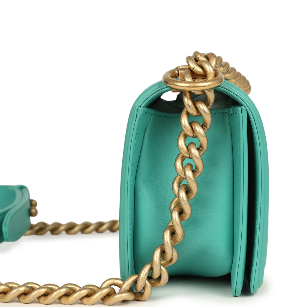 Chanel Small Boy Bag Turquoise Lambskin Antique Gold Hardware - Image 10