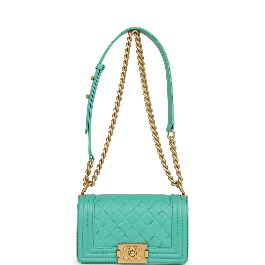 Chanel Small Boy Bag Turquoise Lambskin Antique Gold Hardware - Image 4