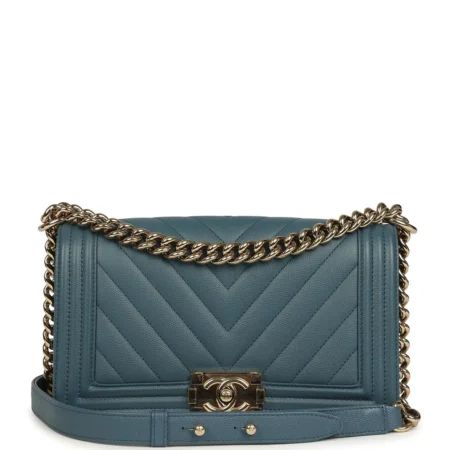 Chanel Medium Chevron Boy Bag Blue Caviar Light Gold Hardware