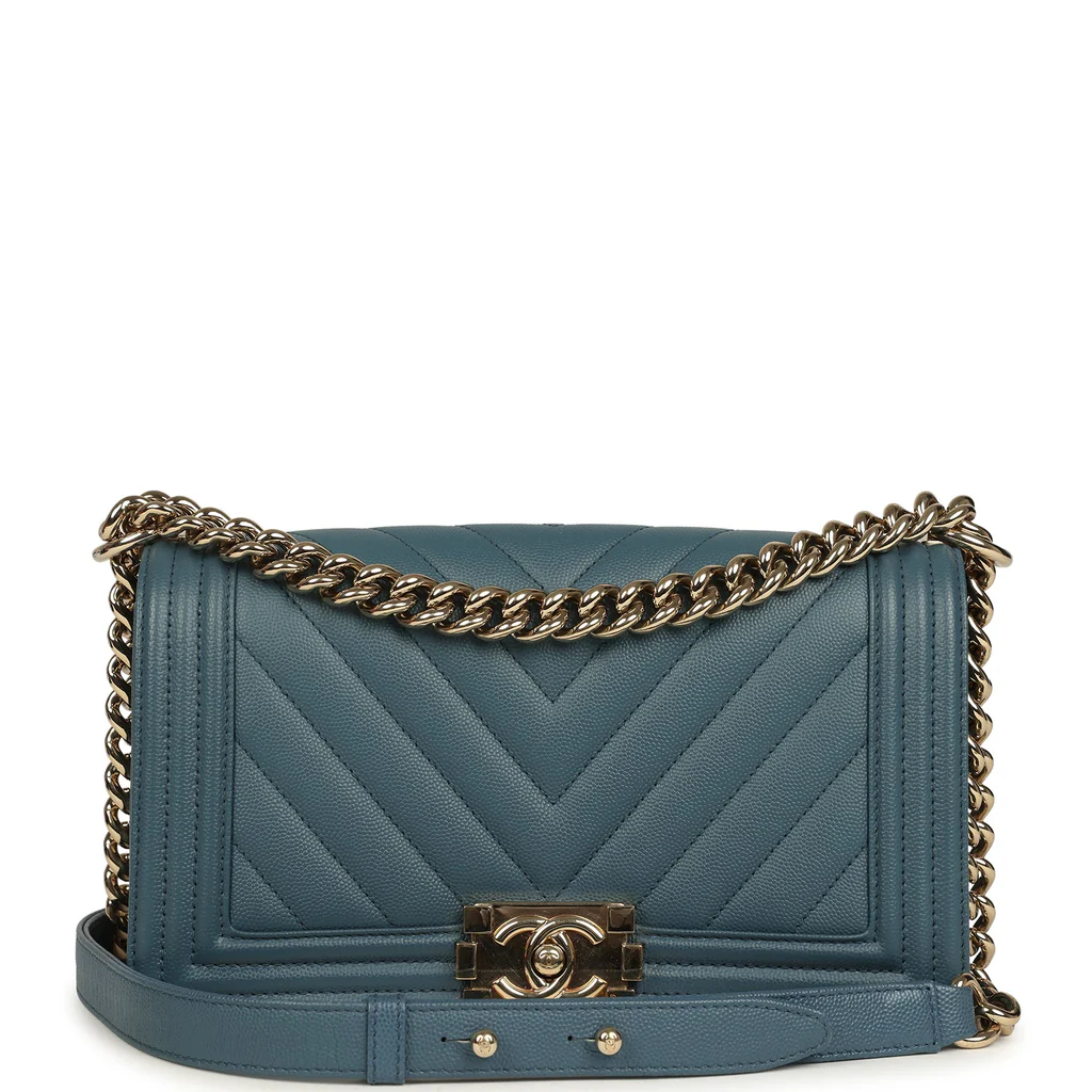 Chanel Medium Chevron Boy Bag Blue Caviar Light Gold Hardware